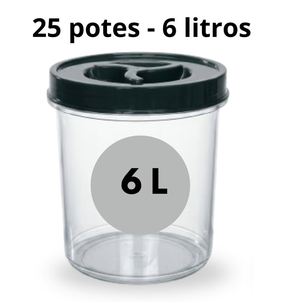 Kit 25 Potes Mantimento Redondo Transparente 6 Litros Tampa Rosca BPA FREE Arroz, Cereais, Grãos