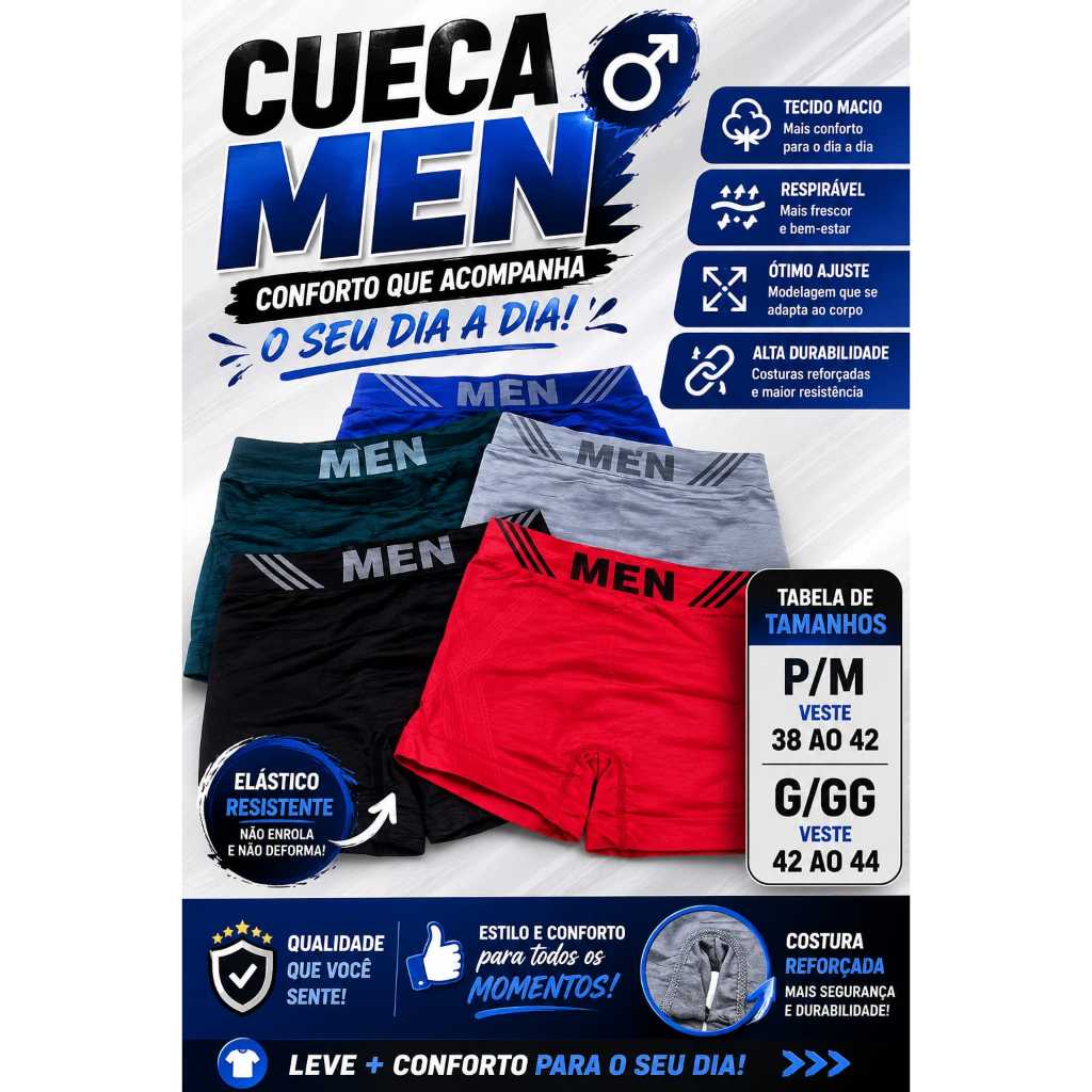 KIT 6 Cuecas Masculina Boxer Microfibra Corfotalvel Sem costura ADULTO CORES SORTIDAS