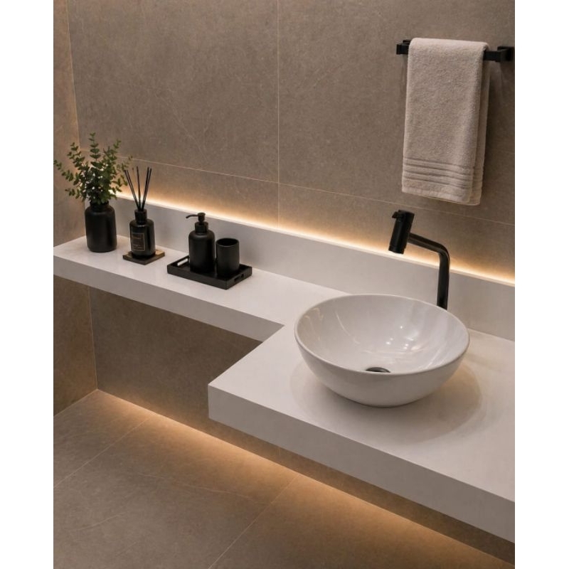 Pia Bancada de Banheiro 60x45 com Braço Extensor 60x15 em Porcelanato | Design Moderno e Resistente