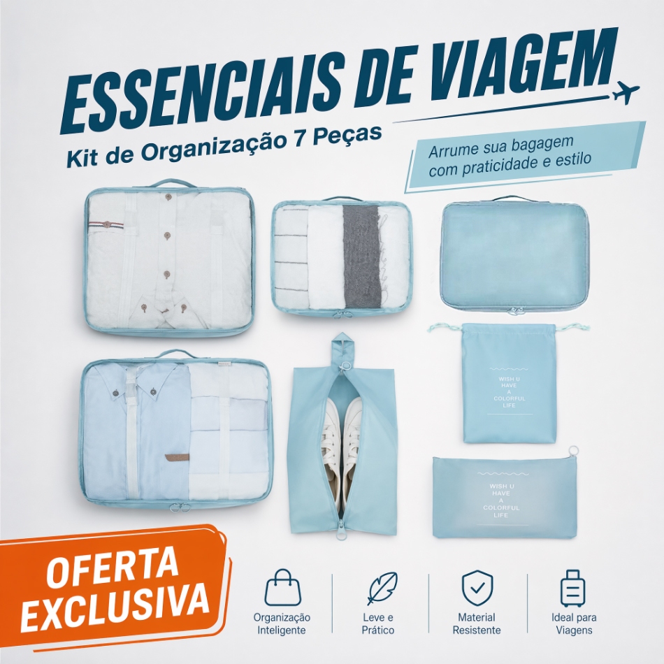 Kit com 7 Bolsas Organizadoras para Viagem, Ideal para Roupas e Bagagem em Malas