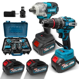 Kit de Chave de Impacto + Furadeira de Impacto Sem Escova  68V Portátil Recarregável com 2 Baterias