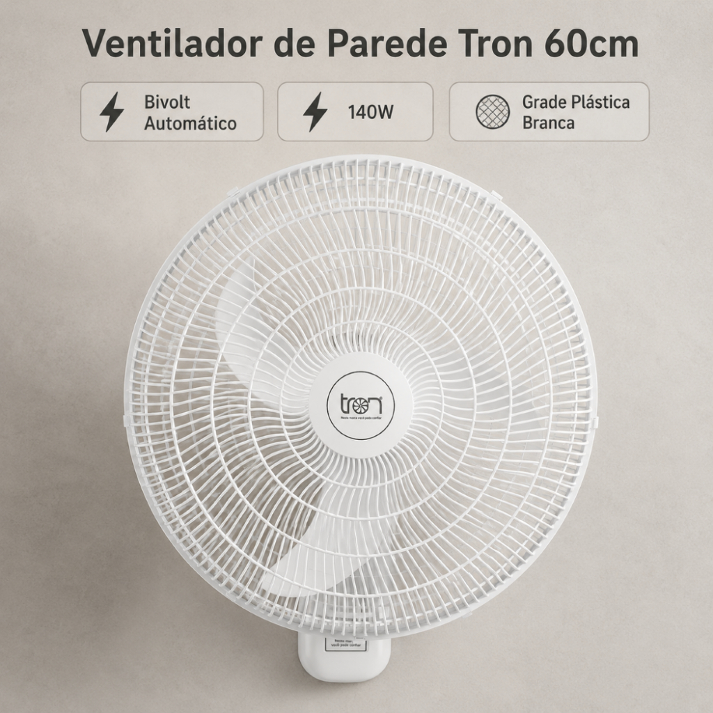 Ventilador de Parede 60cm - Grade Plástica Branco - Bivolt - Tron