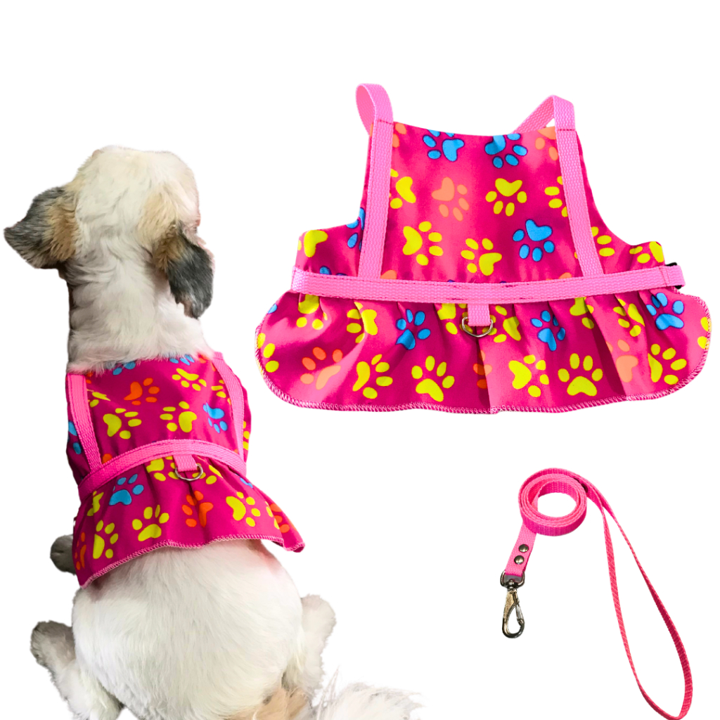 Coleira Pet Peitoral Dog Fêmea com Saia Vestido com Ajuste no Peito + Guia