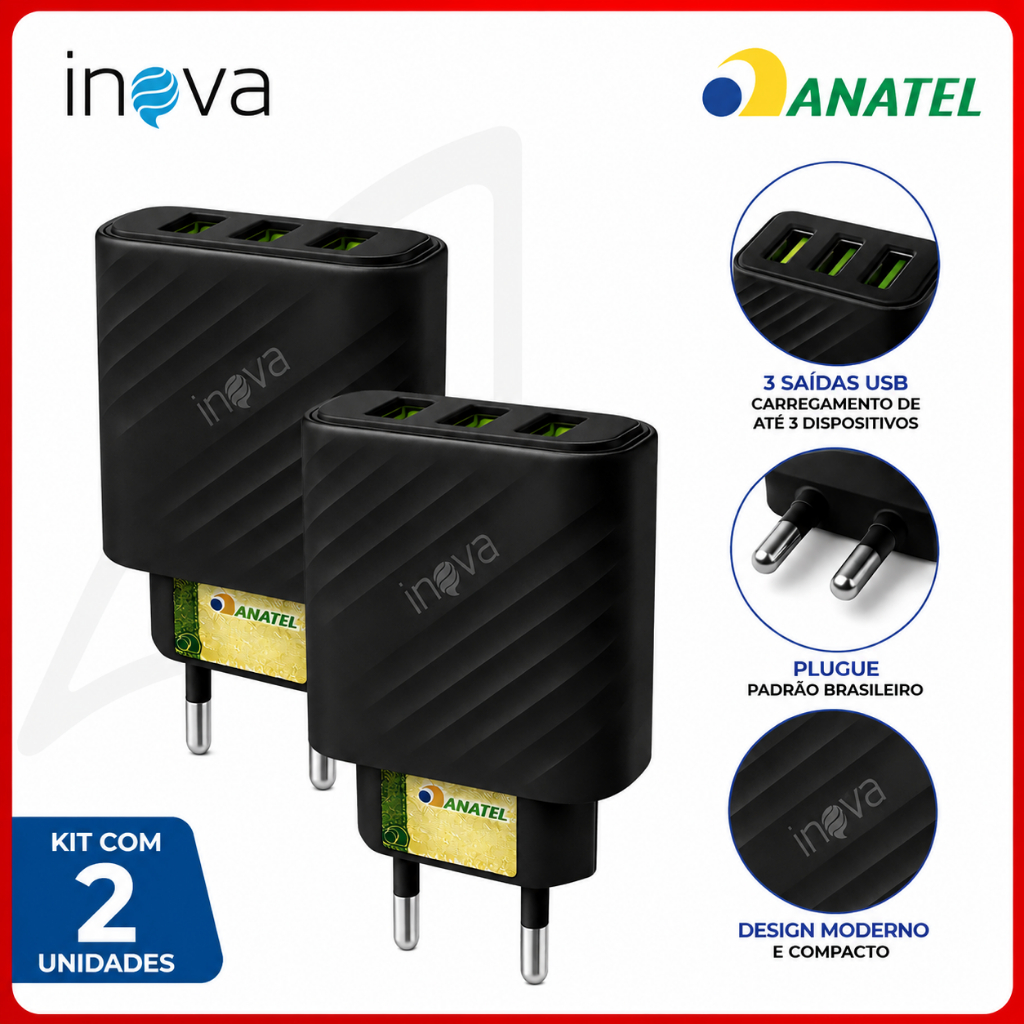 2 Carregadores Celular 3 Entradas Fonte USB Rápido 5.1A Original Inova
