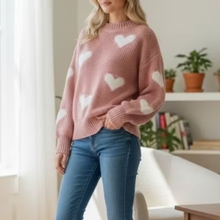 blusa de tricô coração rosa
