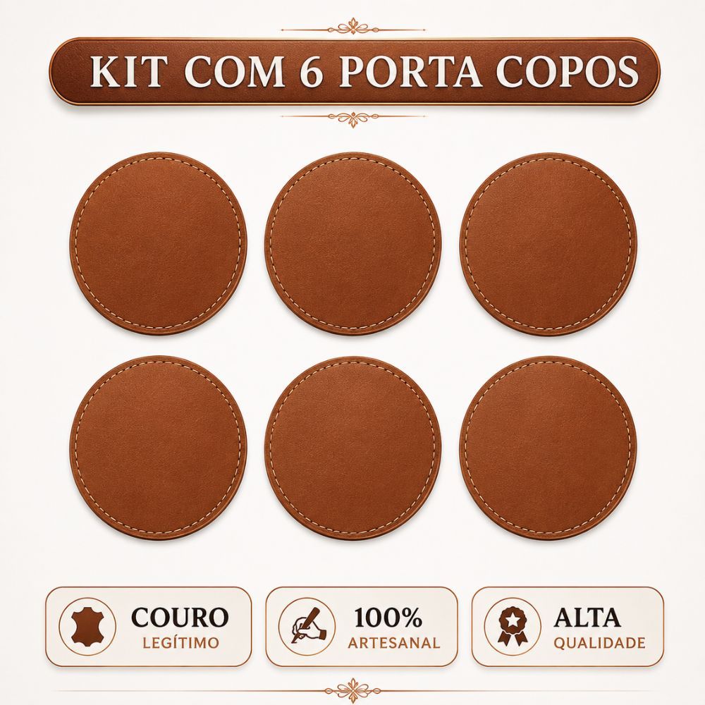 Kit 6 Porta Copos Bolacha 100% Couro Legítimo Premium Marrom Claro Descanso Cerveja Chopp Bebida