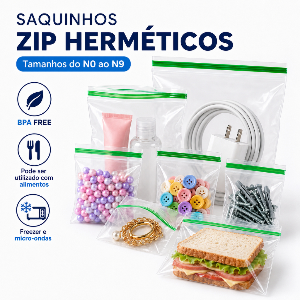 Sacos plásticos ZIP freezer saquinhos alimentos herméticos BPA Free lacre joias viagem