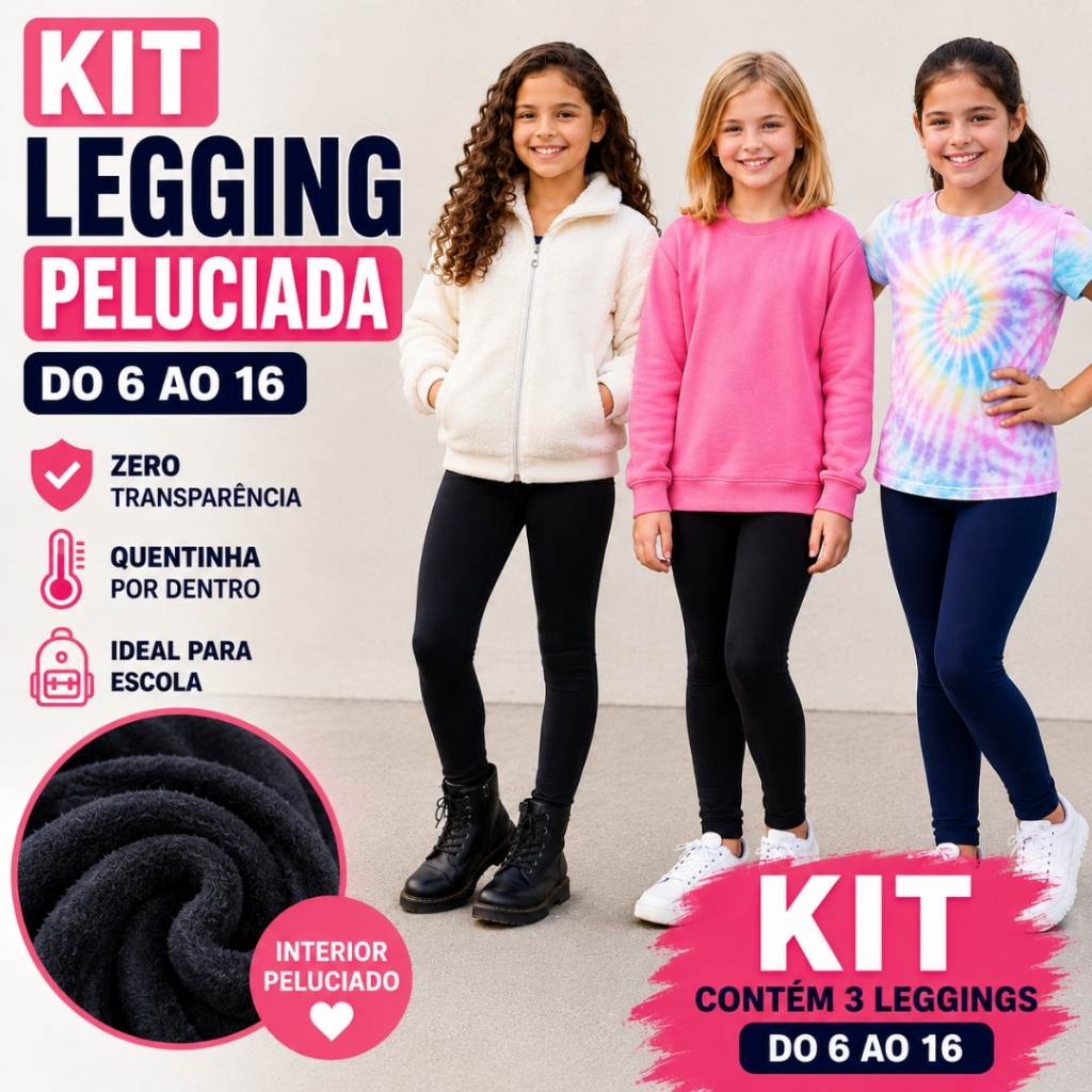 Kit 2 ou 3 Legging Peluciada Menina Térmica Juvenil Calça Flanelada Inverno Leg Infantil Escola