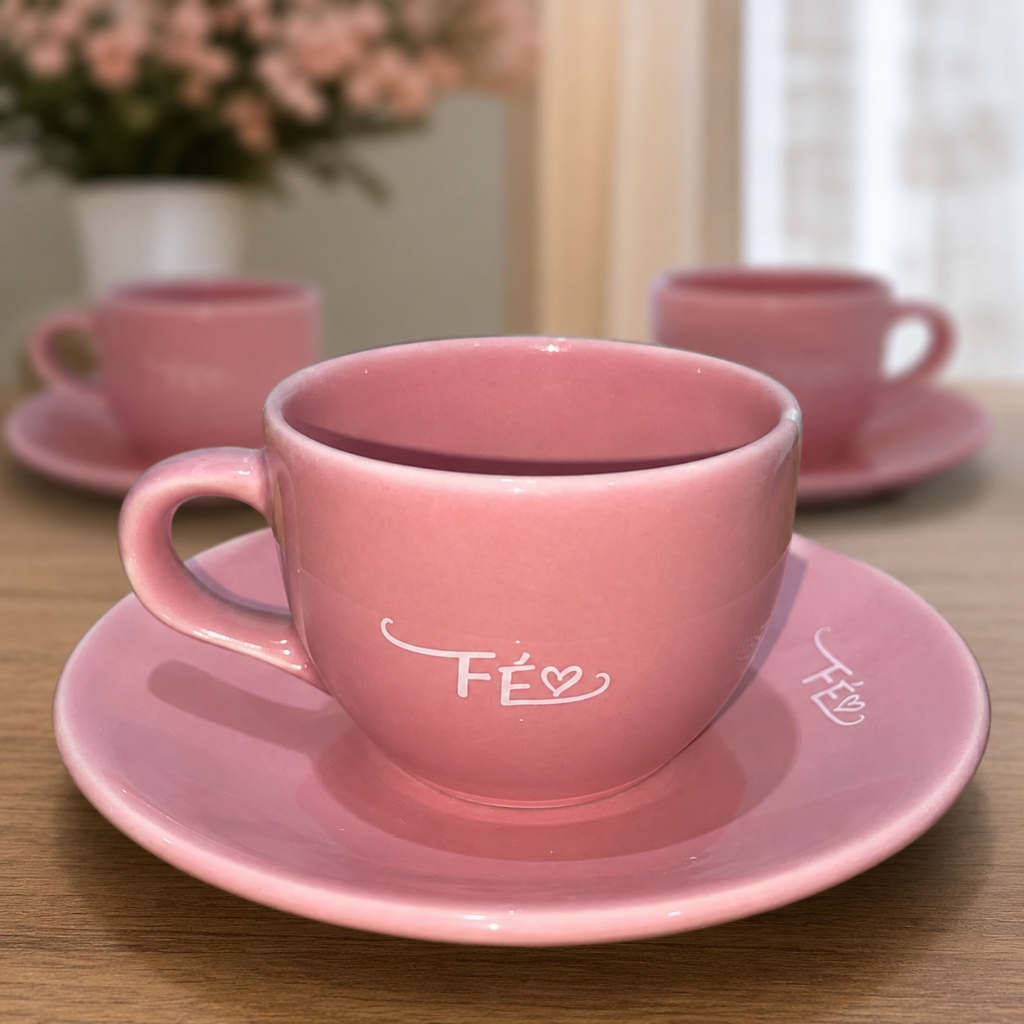 Kit 6 Xícaras de Café 150ml com 6 Pires Cerâmica Amor Fé Gratidão Decoradas
