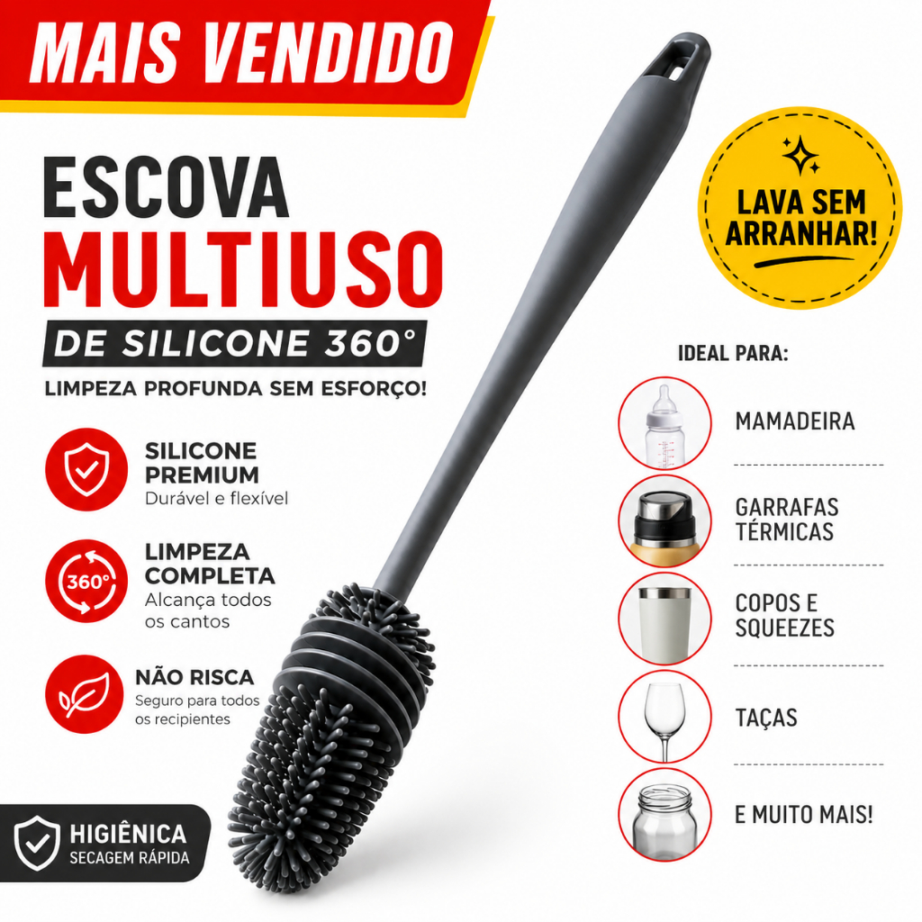 Escova Silicone Lava Garrafa Mamadeira Copo Térmico Limpeza 360 Multiuso