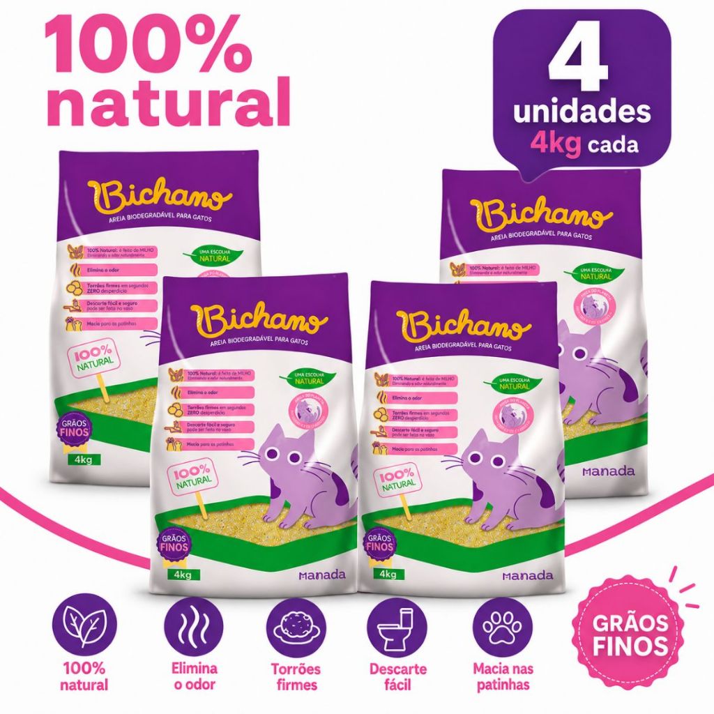 Kit 04 Unidades Areia Biodegradável Bichano Para Gatos Grãos Finos 16kg Manada Milho e Mandioca Gato