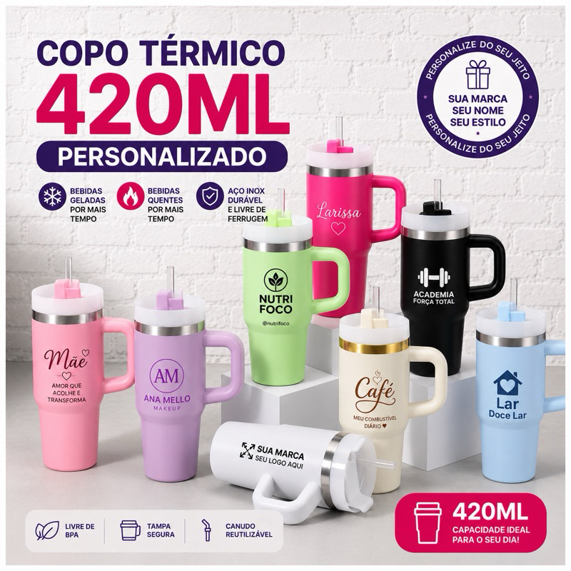 Copo Térmico Infantil Inox 420ml com Canudo e Alça | Personalizado a Laser com Nome ou Logo | Mini Copo Térmico Portátil