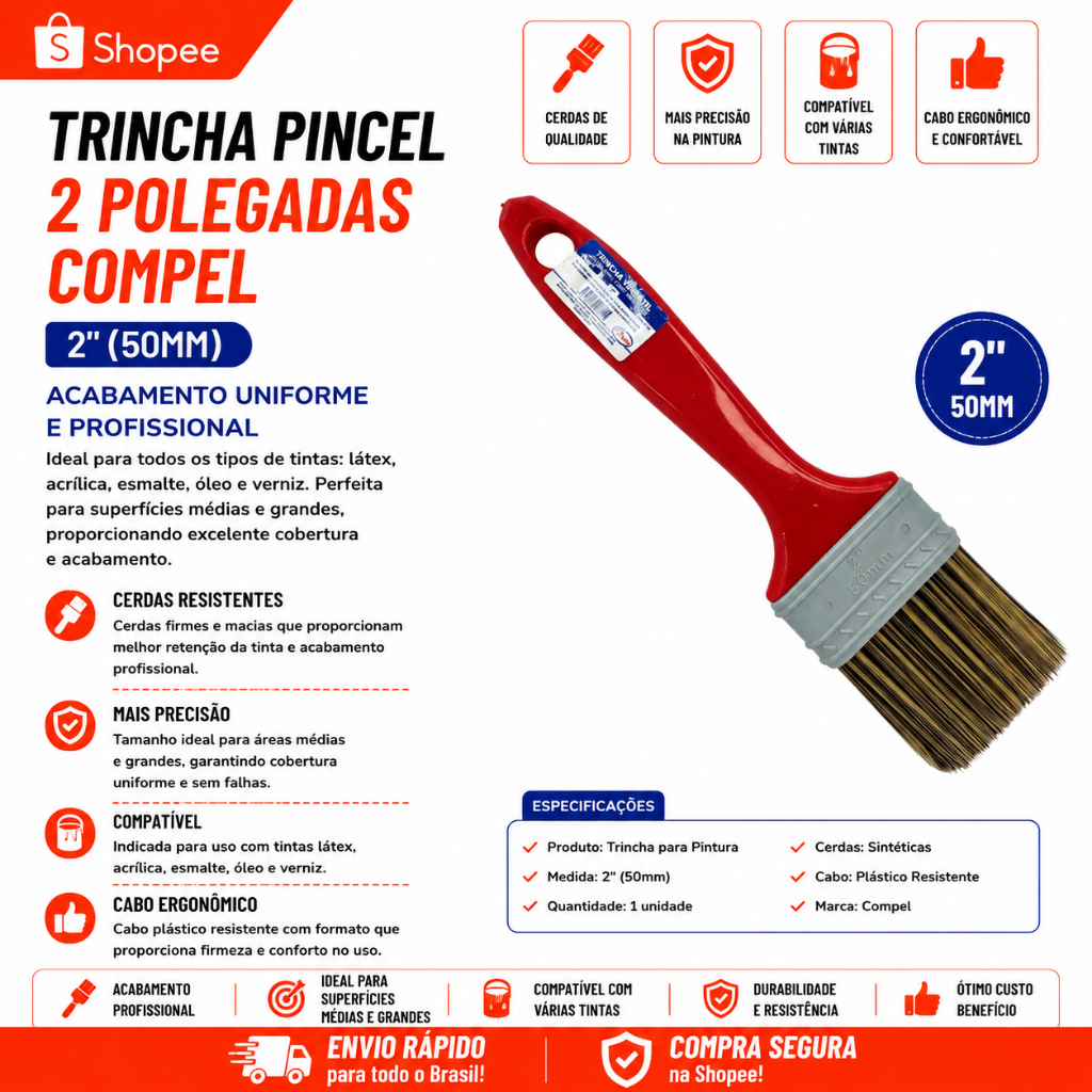 Pincel Trincha Pintura Pintor Compel 2'' Cerdas Grisalhas Tinta Acrilica Latex