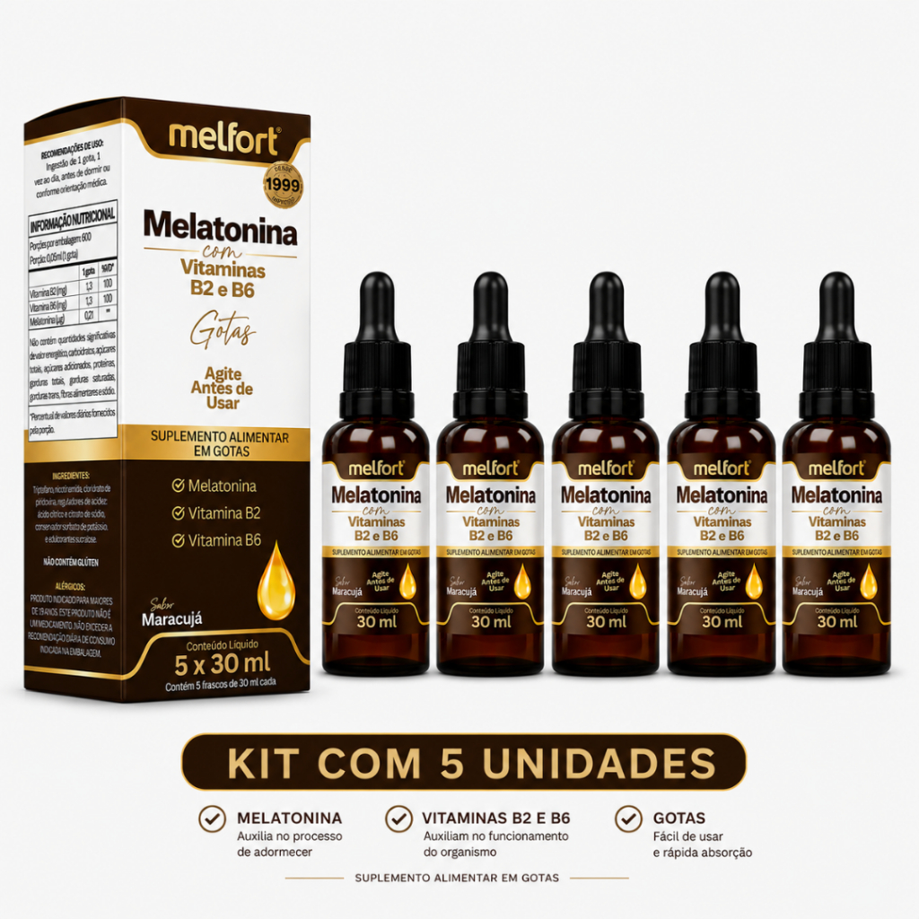 KIT C/ 5 Melatonina Gotas 30ml Vitamina B2 B6 | Melfort Sabor Maracujá Sono Profundo Suplemento