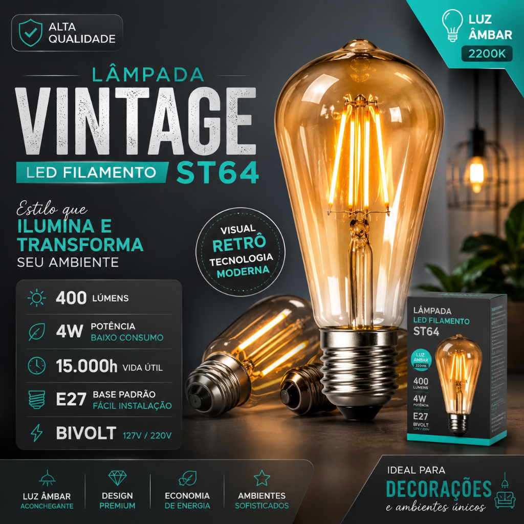 Lâmpada LED Filamento Vintage ST64 Luz Quente 2200K E27 Bivolt 4W Retrô Iluminação Decorativa - CHAI