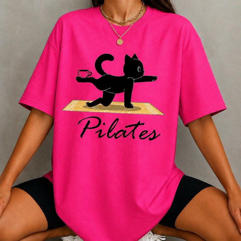 Camiseta Feminina Fitness Academia Pilates Gatinho 100% Algodão Não Transparente Soltinha Premium
