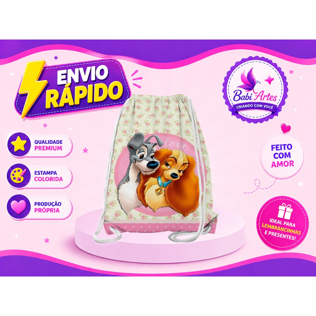 Mochilinha Saco A Dama e o Vagabundo Festa Aniversário Lembrancinha Saquinho Infantil Envio Rápido