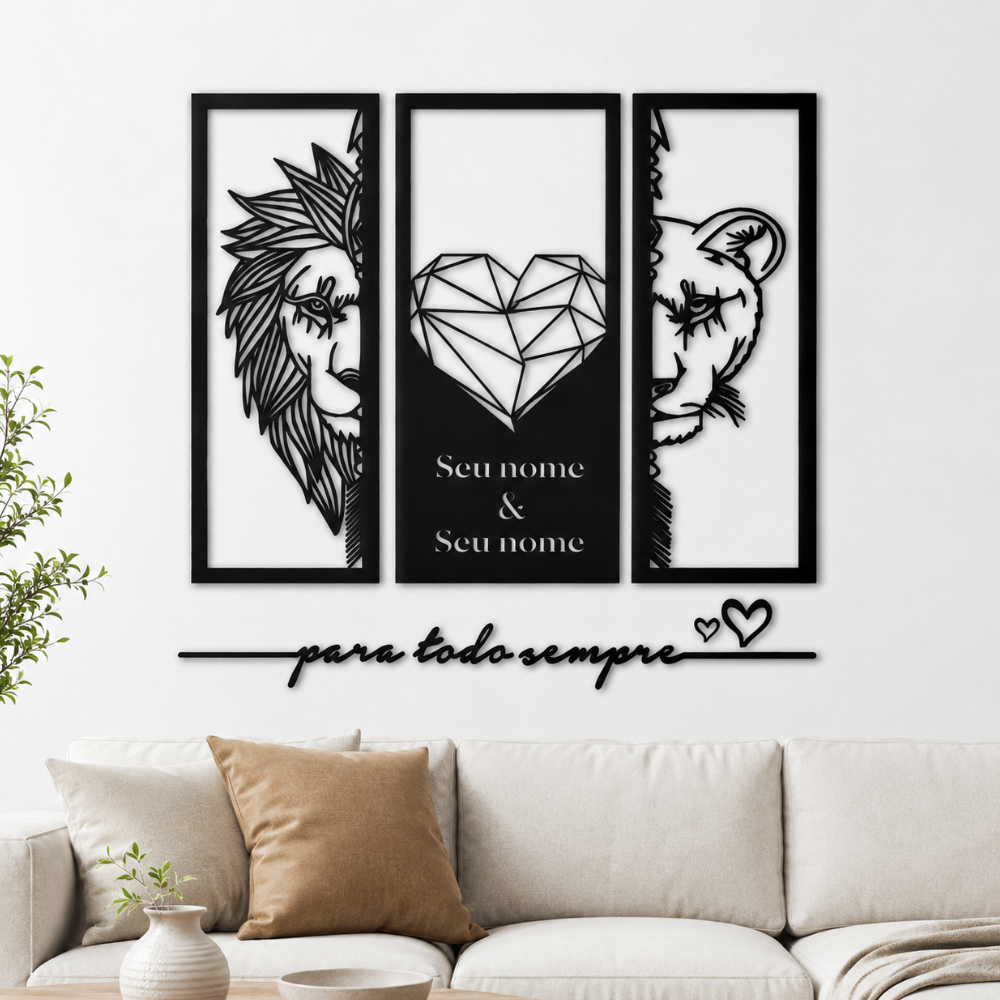 Kit Quadro Leão Grande Personalizado e Frase Para todo sempre Sala Quarto Decorativo