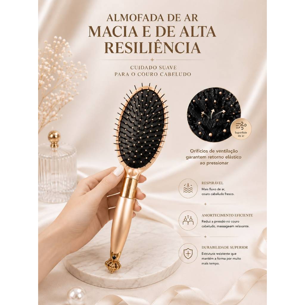 Escova De Cabelo Dourada Oval e Raquete Almofadada Cerdas Silicone Anti Frizz Profissional Cabo Luxo com Coroa — imagem 2 de 2