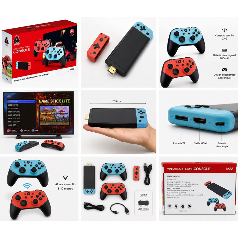 Console Retro M66 4K com 2 Controles Sem Fio + 30 Emuladores + Cartão TF