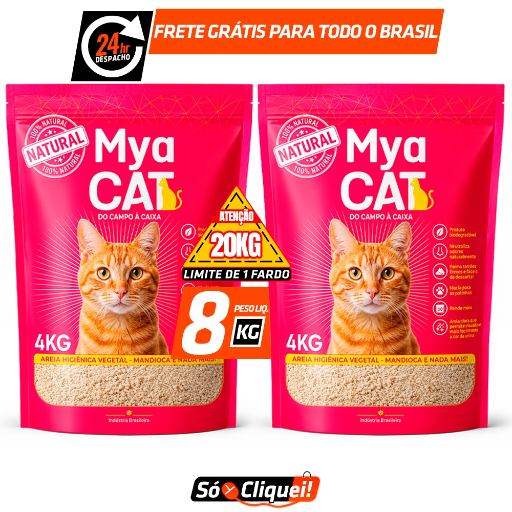 Kit 2 Pacotes Areia Sanitária Mandioca Mya Cat 8KG Granulado Higiênico de Gato Biodegradável Torrões Firmes Evita Odor