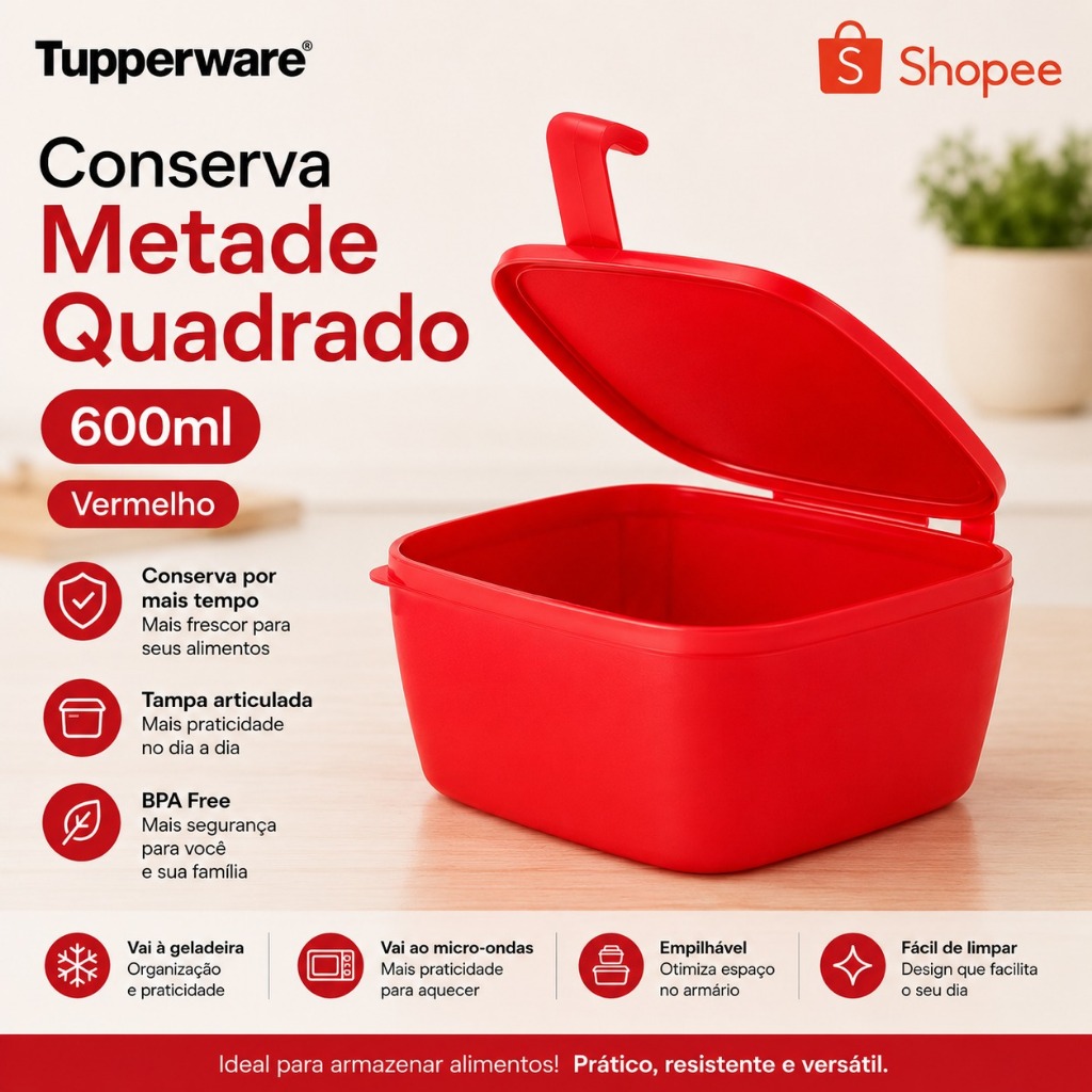 Tupperware Conserva Metade Quadrado 600ml Vermelho