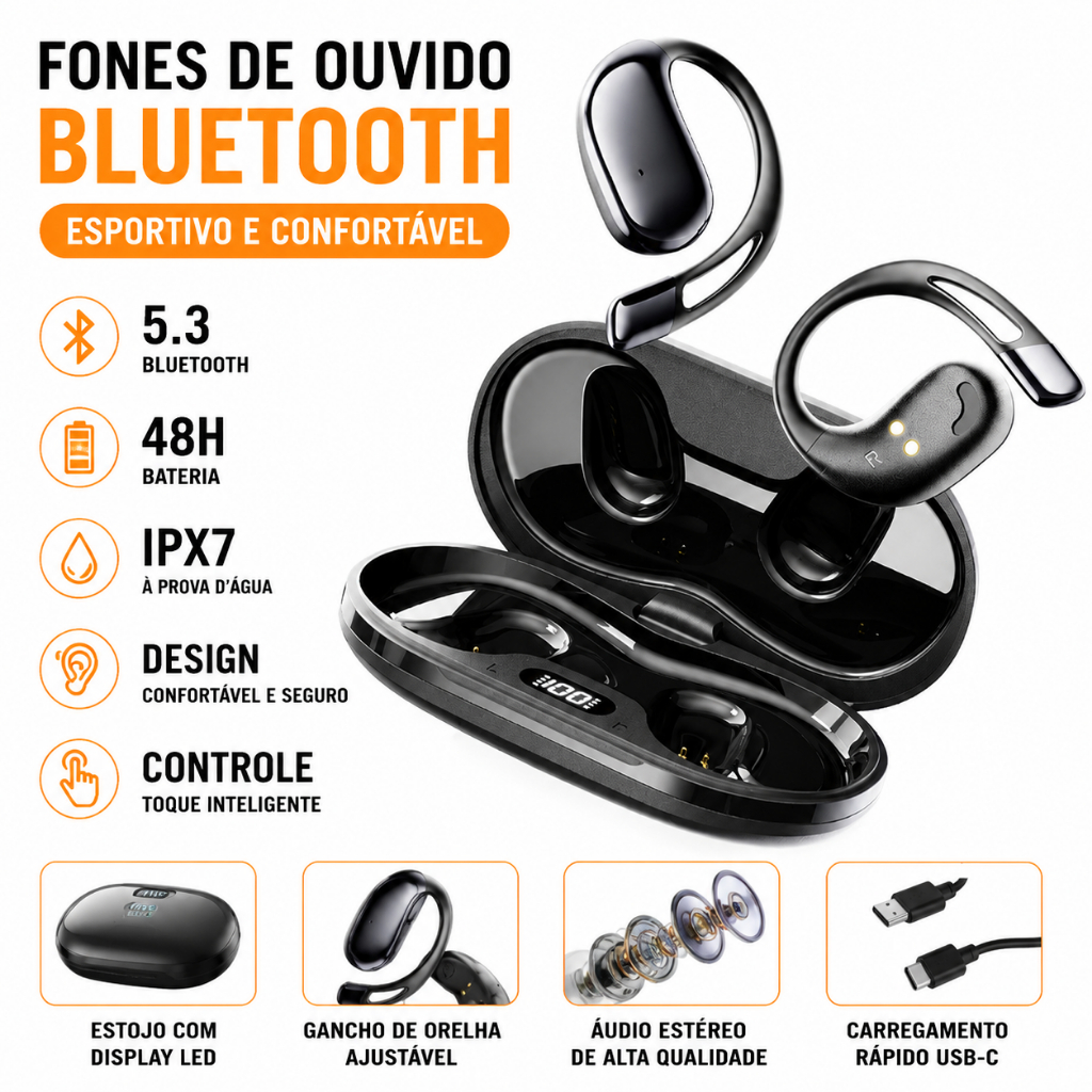 Fone Bluetooth Condução Óssea Gancho Auricular Sem Fio Aberto Esportivo Corrida Academia