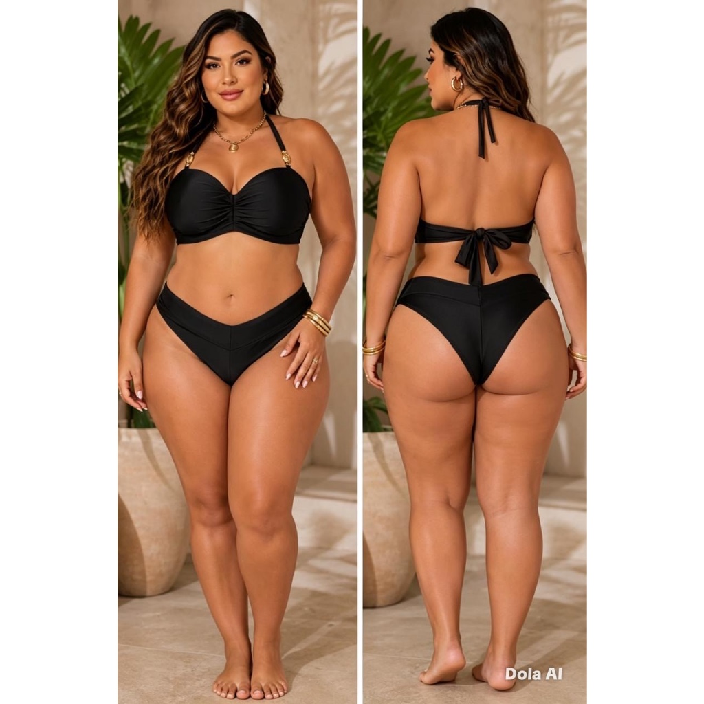 Biquíni Plus Size asa delta, bojo inteiro, forrado, com acessórios na alça, feminino, PRETO e cores. — imagem 2 de 2