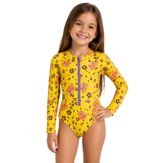Maiô Infantil Manga Longa Proteção UV estampado Praia piscina confortável - zíper tratorado- menina