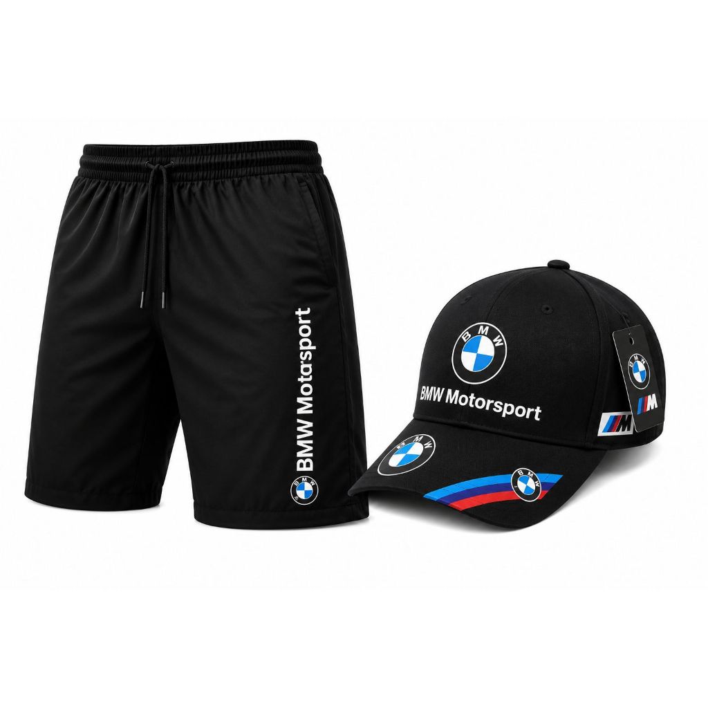 Kit Bermuda e Boné Bmw Motorsport Masculino Elastano Com Bolso Lateral