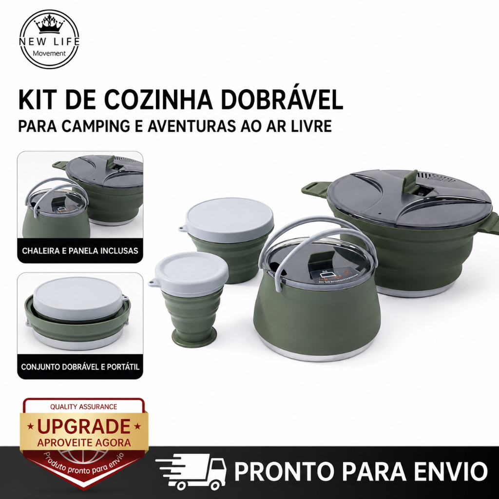 Kit Panela Silicone Dobrável Camping 2.5L Com Chaleira E Copo Portátil Cozinha Externa Trilhas Acampamento Utensílios