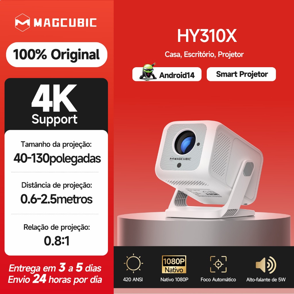 MAGCUBIC Projector HY310X 420ANSI Auto Focus 4K Android 14 Mini Projector WIFI6+BT5.4 Alto-falante 5W Cinema em casa