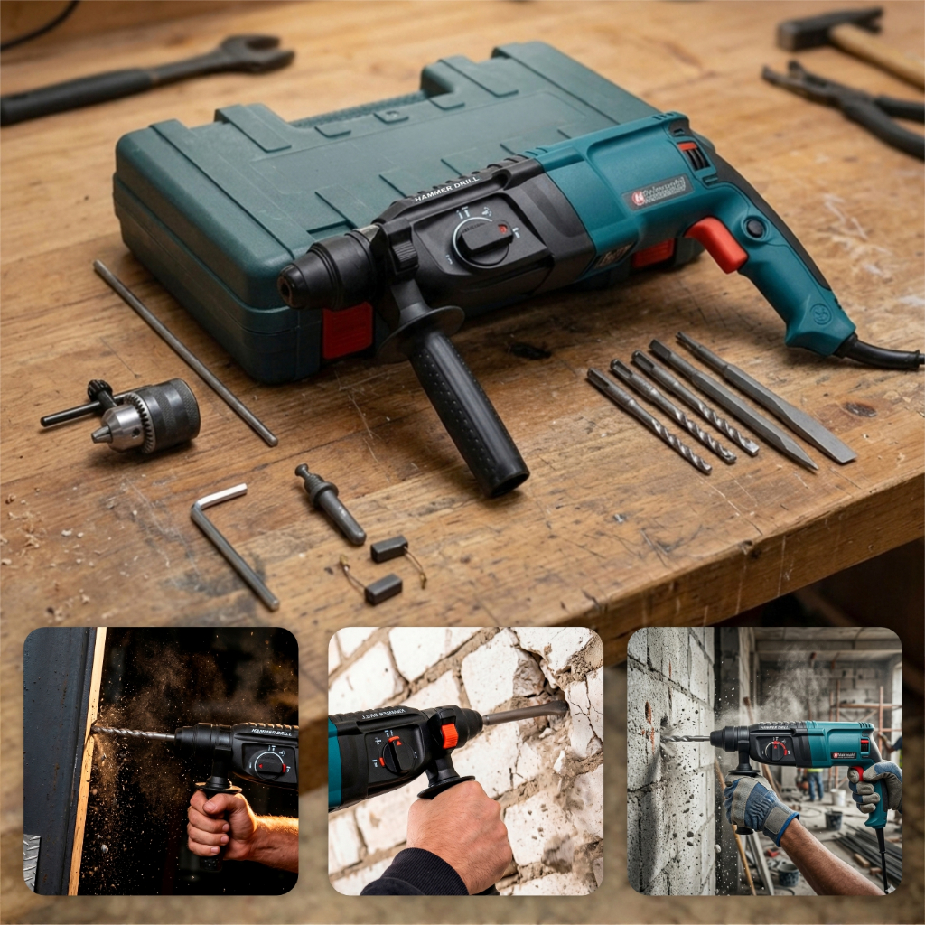 Martelete Rotativo Rompedor 1200w 12 Peças Furadeira De Impacto Potente 1000rpm Nakasaki