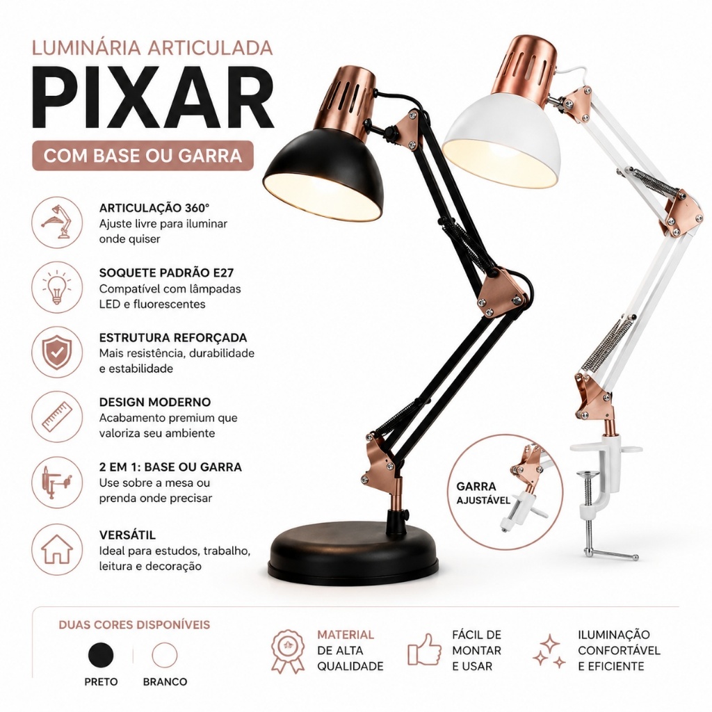 Luminária Articulada Pixar Mesa Abajur Profissional Base ou Garra Flexível Escritório Estudo Bivolt