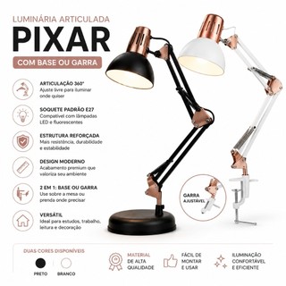 Luminária Articulada Pixar Mesa Abajur Profissional Base ou Garra Flexível Escritório Est…
