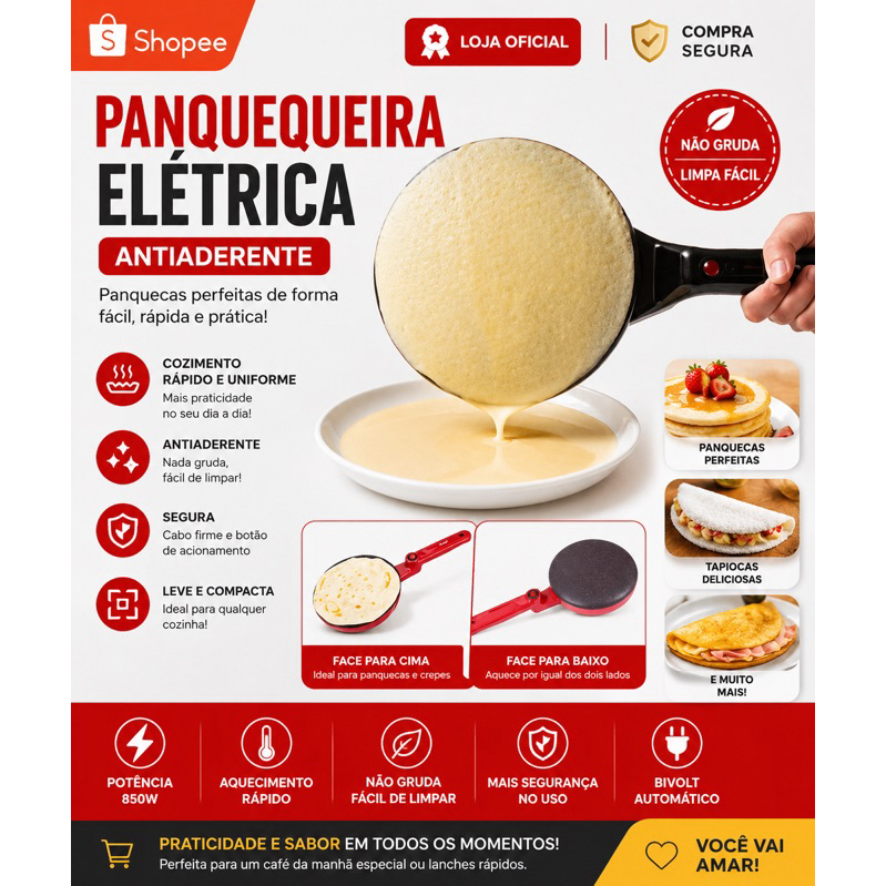 Panquequeira Elétrica Antiaderente 220V Crepe Tapioca Panqueca Fit Café da Manhã Presente