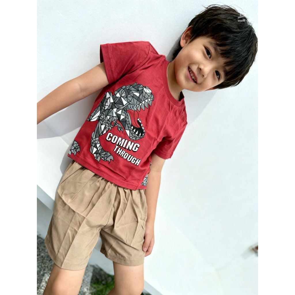 Conjunto Interativo Infantil Camiseta + Bermuda que Muda Estampa na Água, Dinossauro T-Rex, 2 Peças para Menino, Ideal P