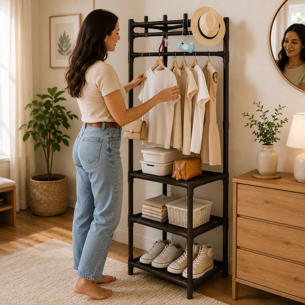 Arara De Roupa De Canto Cabideiro Organizador Closet Quarto Estante Multiuso Com 3 Prateleiras Sapateira Portátil Reforç