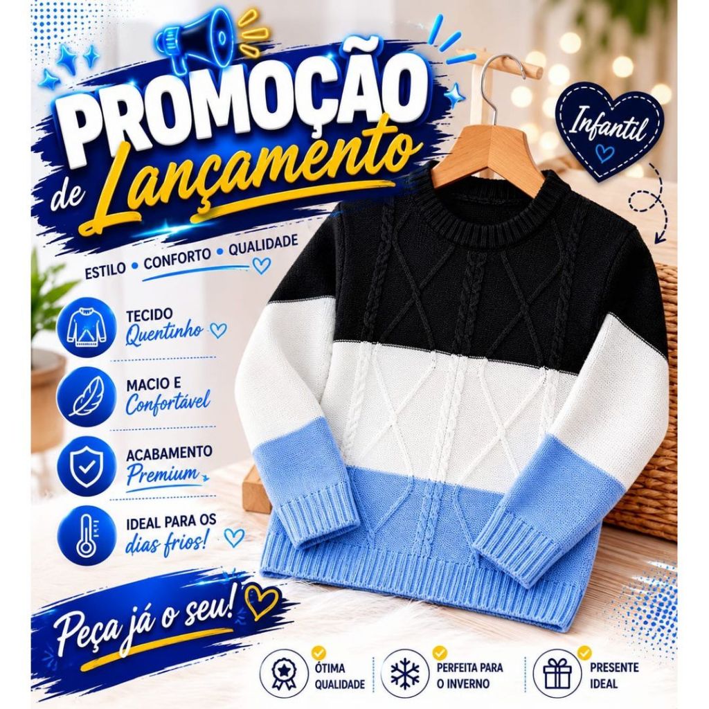Blusa infantil de tricô menino, suéter infantil três cores rico em detalhes, confortável e macio.