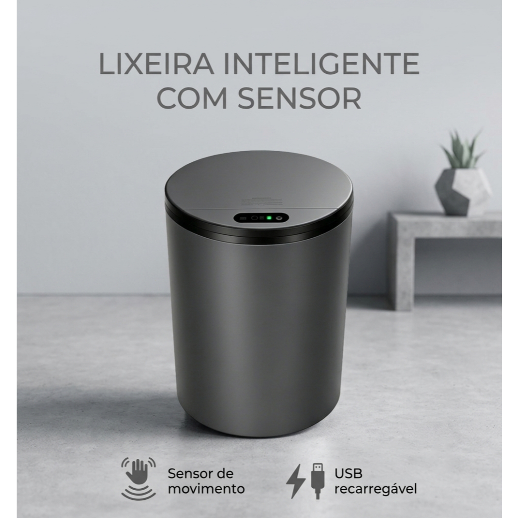 Lixeira Inteligente Automática 15L Sensor Movimento E Chute Recarregável USB Redonda Banheiro Quarto