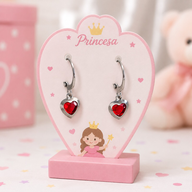 Brinco Infantil argolinha click Aço Cirúrgico Antialérgico Não Escurece Argola Coração cristal Menina Princesa