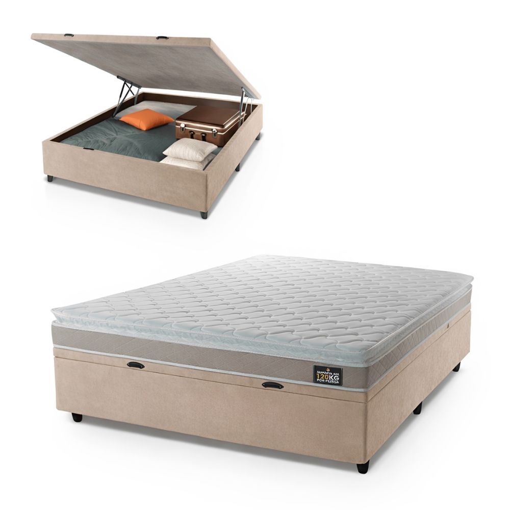 Conjunto Box Baú Casal Espuma Premium D33 Pillow Top Hellen 138x188x60cm