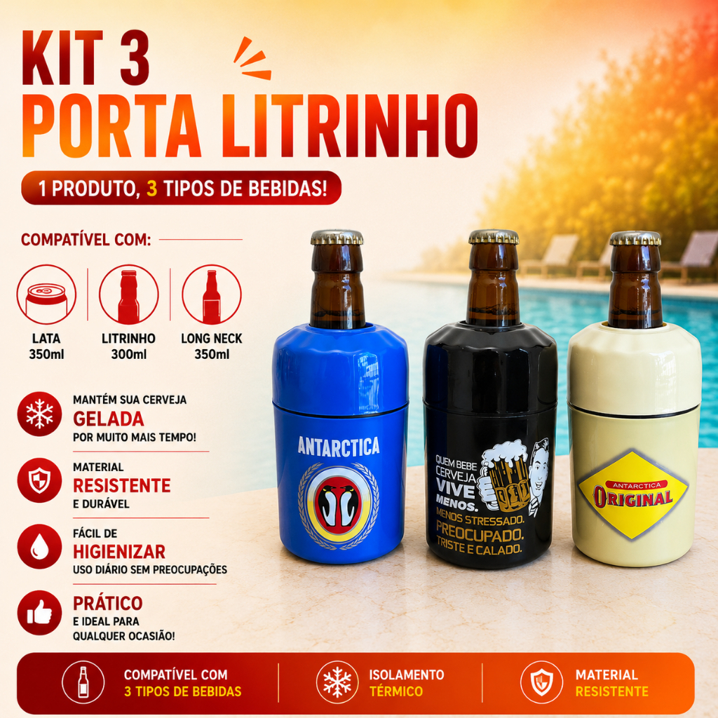 Kit 3 Suporte Porta Lata 3x1 Long Neck Cerveja Térmico Litrinho Personalizados
