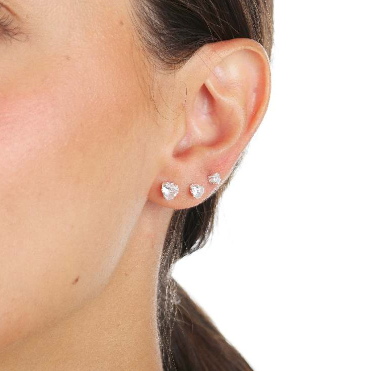Trio Brinco Ponto de Luz Zirconia Prata 925, redondo, coração