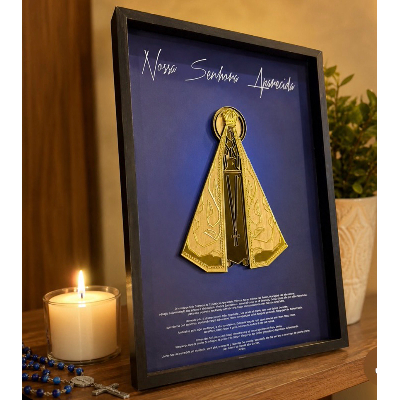 Quadro Religioso Nossa Senhora Aparecida 3D Premium – Moldura Elegante para Sala e Quarto