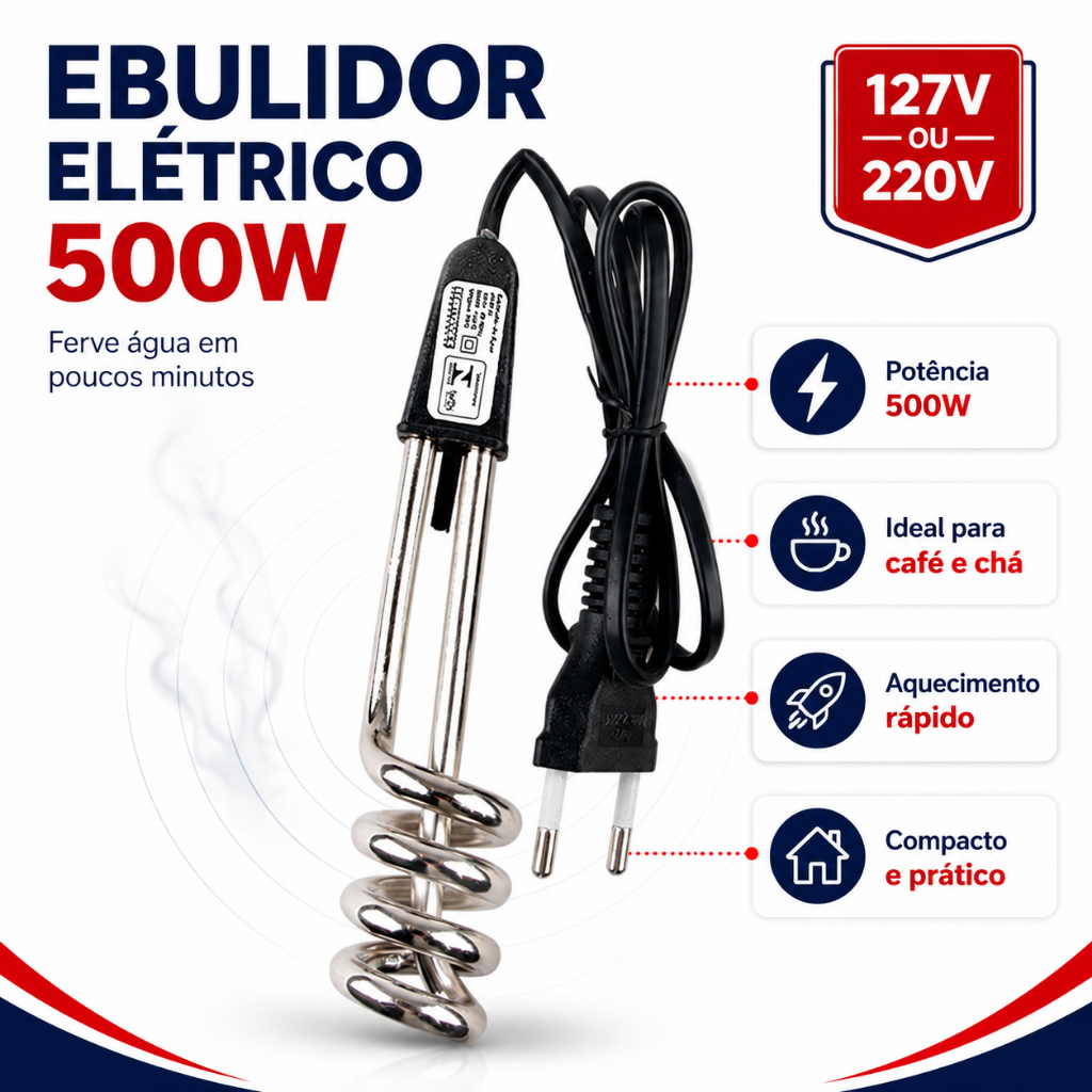 Ebulidor Elétrico 127v Ou 220v 500W De Imersão Aquecedor de Água Mergulhão Rabo Quente Portátil Viagem Camping