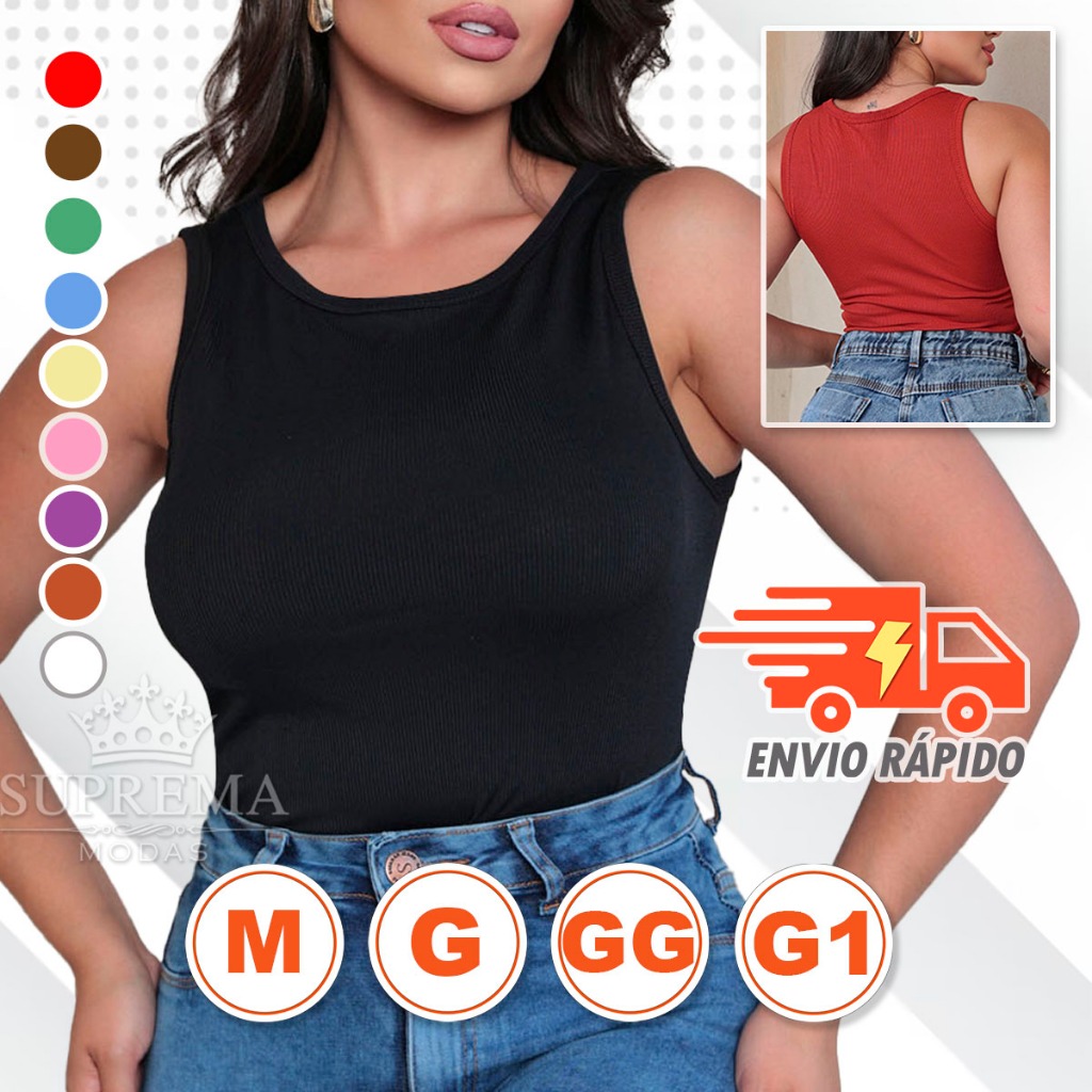 Regata, Blusa Feminina Básica Lisa, Alça Grossa, Ribana, Tendência, Moda Blogueira
