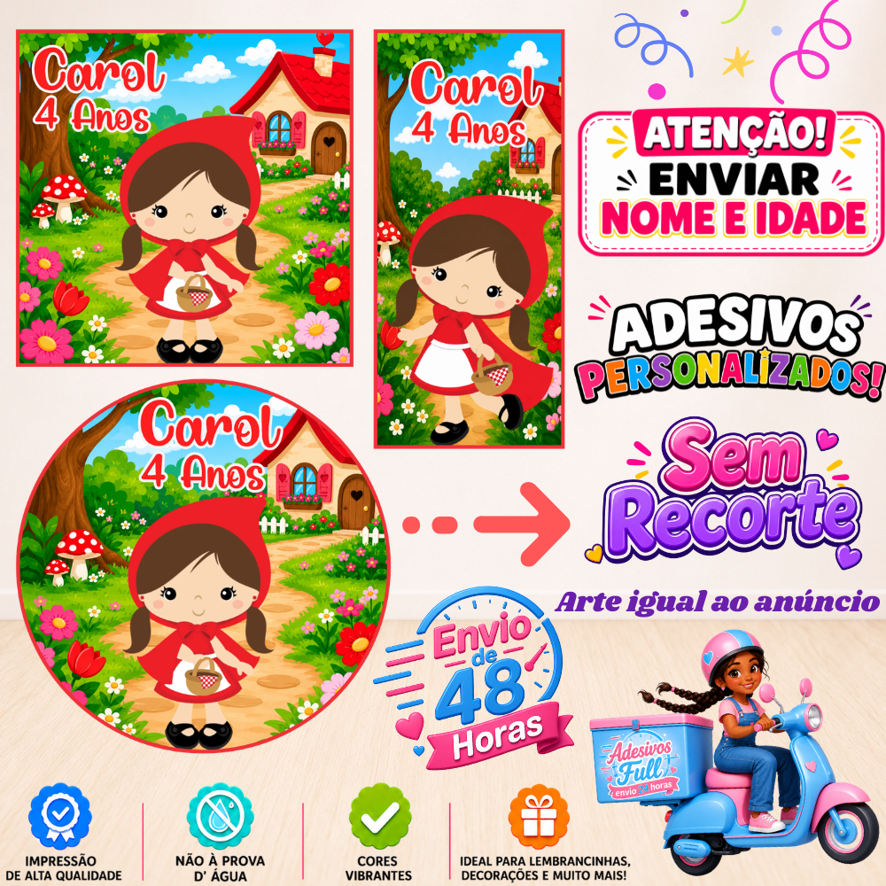 Chapeuzinho Vermelho - 100/60/40 Adesivos Personalizados Lembrancinhas Festa Aniversário
