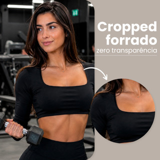 Kit 2 ou 1 Blusa Cropped Blogueira Decote Quadradinho Manga Longa Tendência