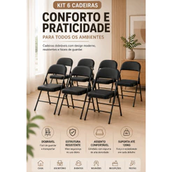Kit 6 Cadeiras Dobráveis Estofadas Reforçadas Aço Suporta 150kg Eventos Igreja Escritório Recepção